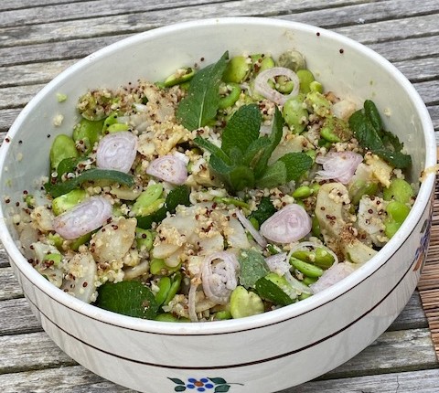 Salade fèves, artichaut, menthe au miso